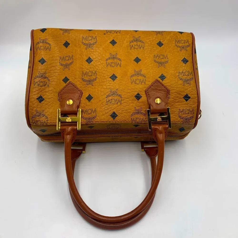 Auth MCM Visetos Cognac Brown Coated Canvas Leather Boston Tote Handbag Preloved
